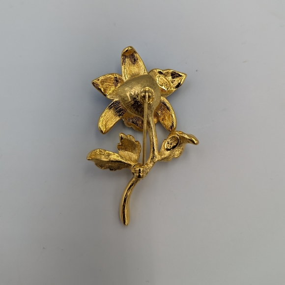 Vintage Articulated Gold-tone Brooch Orchid Enamel w green stone Joan Rivers - Picture 4 of 8